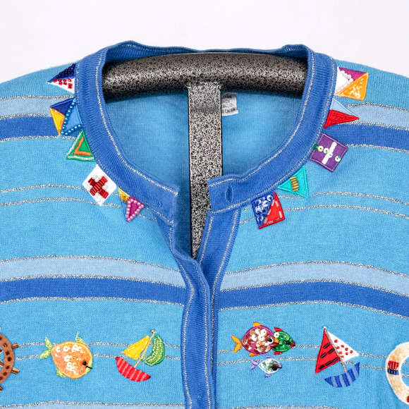 Vintage Jack B Quick Colorful Beaded Embellished Cardigan MEDIUM Nautical Sailor - Picture 3 of 8